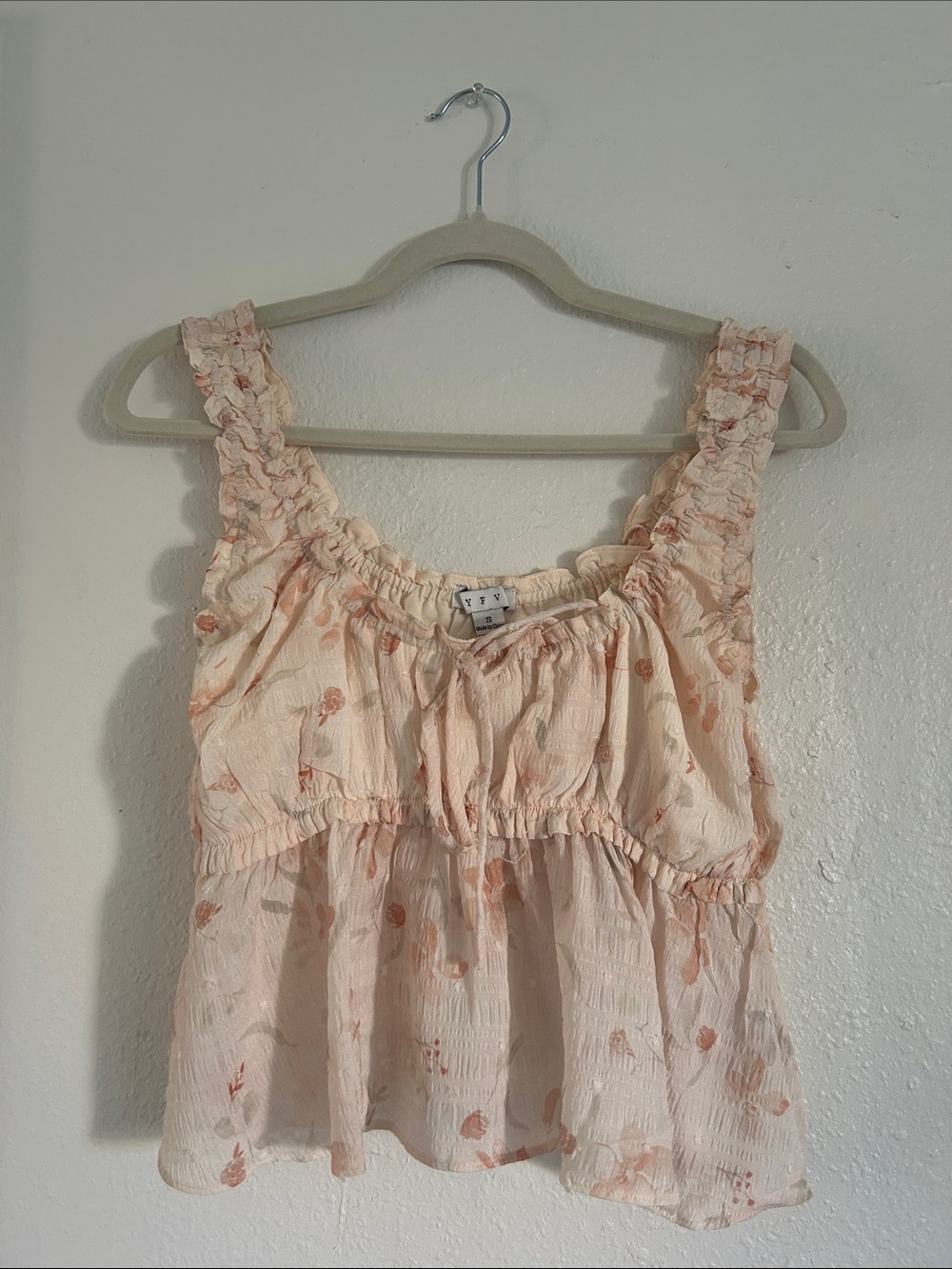 HYFVE Floral Ruffled Peplum Tank Top in Blush Peach